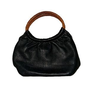 Fossil Black Pebbled Leather Tan Woven Top Handle Handbag